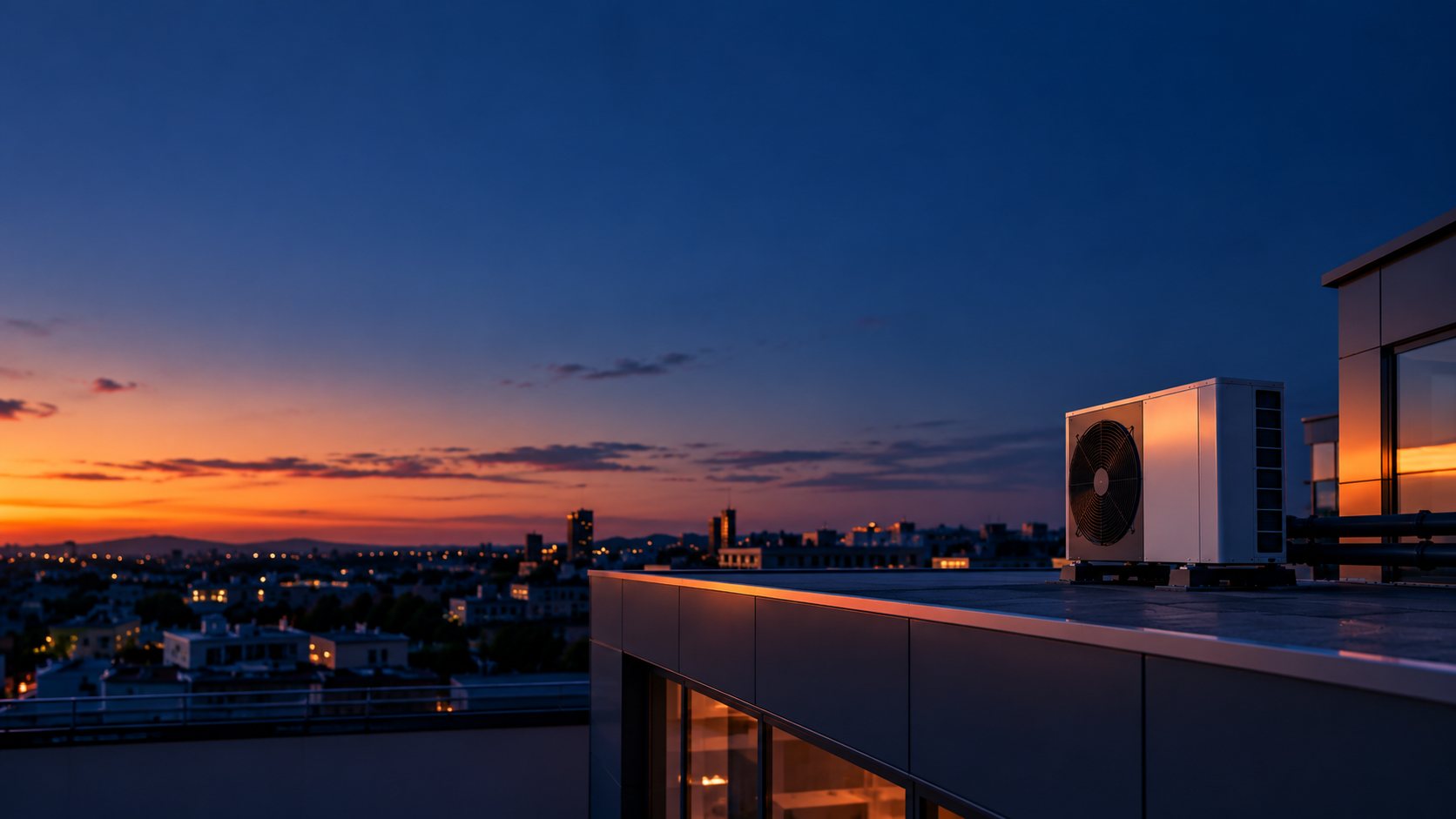 Bomba de calor en la azotea de un edificio al atardecer